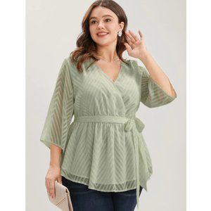 GUC BloomChic Green Mesh Surplice Neck Belted Ruffles Blouse Size 16